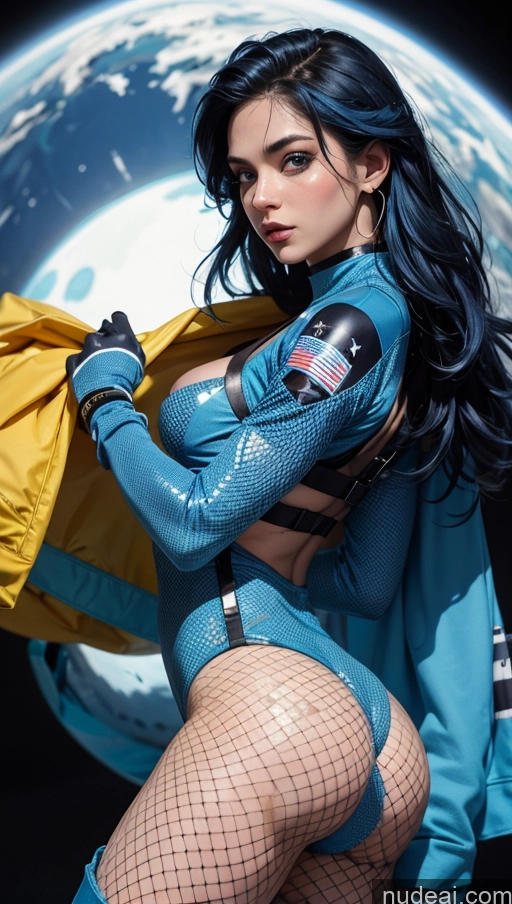 ai nude image of arafed woman in a blue outfit holding a yellow jacket pics of Close-up View Blue Hair Greek Small Tits Big Ass Fishnet Athlete Space Suit Harlequin