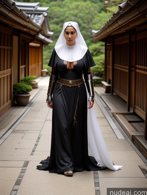 ai nude image of arafed woman in a nun costume standing in a courtyard pics of Busty Perfect Boobs Perfect Body Oiled Body Big Hips Sexy Face White Hair Bobcut Japanese Onsen Nun Khorne Cleavage Jewelry 30s Sci-fi Armor Transparent