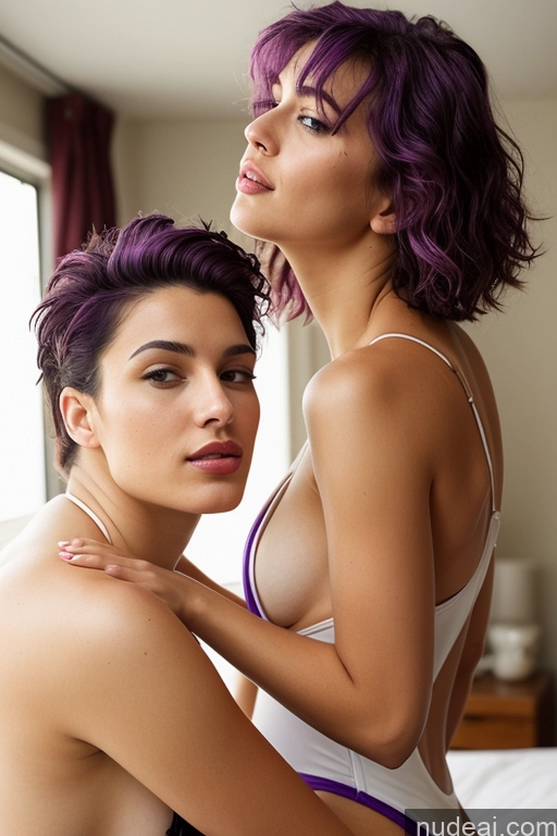 ai nude image of two women in lingersuits posing for a picture in a bedroom pics of Woman Small Tits Lipstick Big Ass Big Hips 18 Messy White Bedroom One Piece Swimsuit Purple Hair Seductive