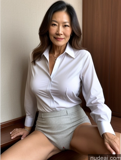 ai nude image of arafed asian woman in a white shirt and gray skirt pics of Milf Perfect Boobs Perfect Body Pubic Hair 70s Chinese Spreading Legs Blouse Casual Professor Shirt Stylish Suit Detailed Partially Nude