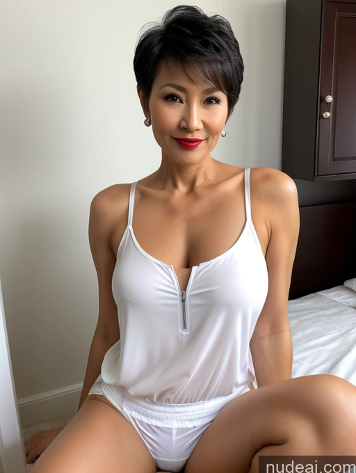 ai nude image of there is a woman sitting on a bed in a white top pics of Milf Perfect Boobs Lipstick 50s Pixie Vietnamese Bedroom Spreading Legs Casual Shirt Underwear Dark Lighting Blouse Topless Tunic Stylish