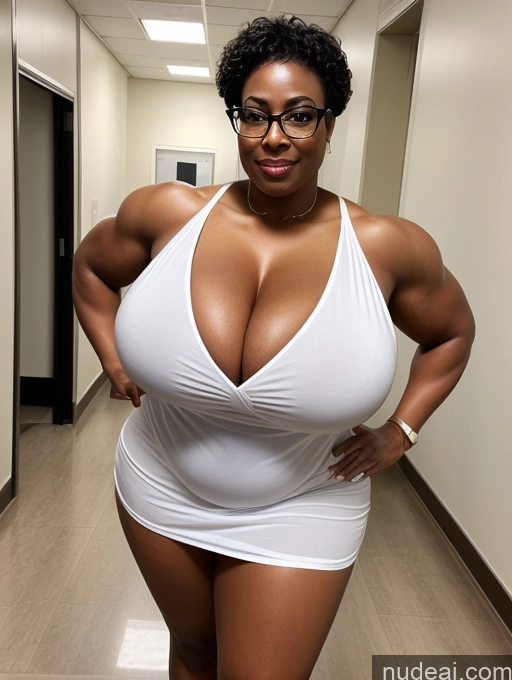 ai nude image of araffe woman in a white dress posing for a picture pics of Busty Huge Boobs Beautiful Muscular Big Ass Chubby 50s Brunette Slicked Bright Lighting Sexy Face Woman Abs Cleavage Detailed Glasses Nightgown African Hospital