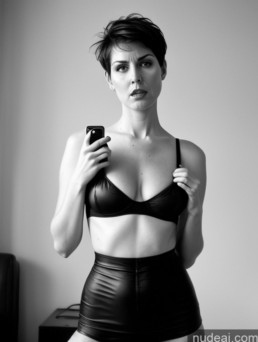 ai nude image of there is a woman in a black bra top holding a cell phone pics of Alternative 60s Goth Front View Mirror Selfie Italian Short Hair White Hair Angry 60s Tall Woman Spreading Legs Dominatrix Partially Nude