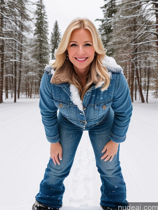 ai nude image of blonde woman in denim jacket and jeans standing on snowboard in snowy area pics of Woman One Perfect Boobs 40s Happy Blonde Long Hair Russian Snow Front View Jeans Boots