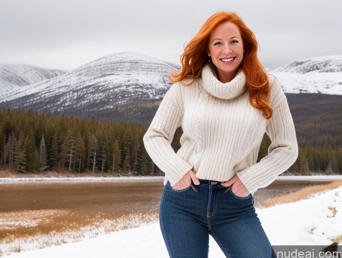 ai nude image of there is a woman standing in the snow with her hands on her hips pics of One Perfect Boobs 40s Happy Blonde Long Hair Snow Front View Jeans Boots Model Sweater Irish