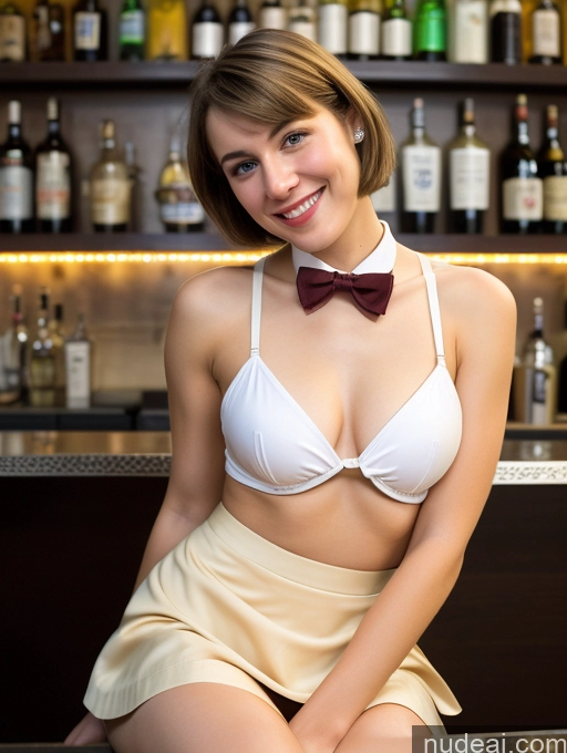 ai nude image of arafed woman in a white bra top and a bow tie sitting on a bar pics of Woman One Small Tits Beautiful Skinny Big Ass Pubic Hair Fairer Skin 18 Happy Blonde Short Hair Hungarian Bar Pantyhose Micro Skirt Bow Tie Waitress Close-up View Squatting