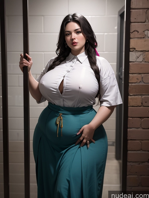 ai nude image of araffe woman in a white shirt and teal skirt standing in a jail cell pics of Traditional Big Hips Fat Chubby Thick Abs Prison