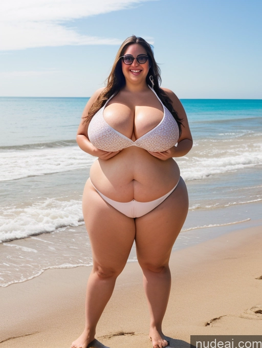 ai nude image of araffe woman in a white bikini standing on the beach pics of Woman One Busty Huge Boobs Sunglasses Lipstick Big Ass Thick Chubby Fat Big Hips 20s Happy Brunette Pigtails White Beach Front View T-pose Bikini