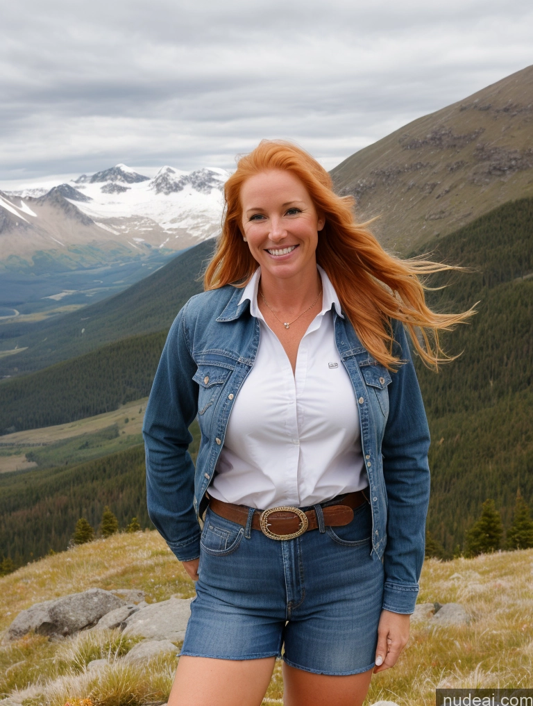 ai nude image of smiling woman in denim jacket and shorts standing on a mountain pics of One Perfect Boobs 40s Happy Blonde Long Hair Boots Jeans Western Mountains Shirt Front View Athlete Irish