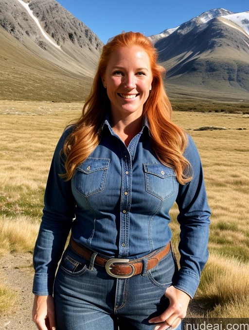 ai nude image of smiling woman in denim shirt and jeans standing in front of a mountain pics of One Perfect Boobs 40s Happy Blonde Long Hair Boots Jeans Western Mountains Shirt Front View Athlete Irish