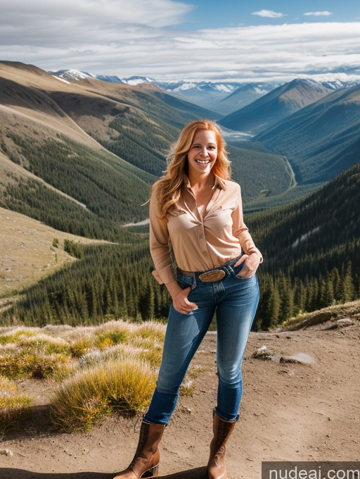 ai nude image of arafed woman standing on a mountain top with a valley in the background pics of One Perfect Boobs 40s Happy Blonde Long Hair Boots Jeans Western Mountains Shirt Front View Athlete Irish Transparent