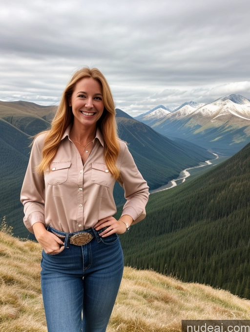 ai nude image of smiling woman standing on a mountain top with a valley in the background pics of One Perfect Boobs 40s Happy Blonde Long Hair Boots Jeans Western Mountains Shirt Front View Irish Model Blouse