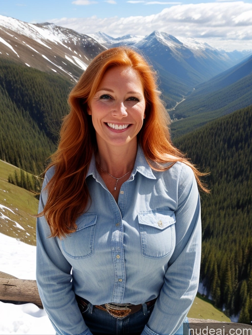 ai nude image of smiling woman with red hair and blue shirt sitting on a rock pics of One Perfect Boobs 40s Happy Long Hair Boots Jeans Mountains Shirt Front View Model Blouse Swedish Ginger