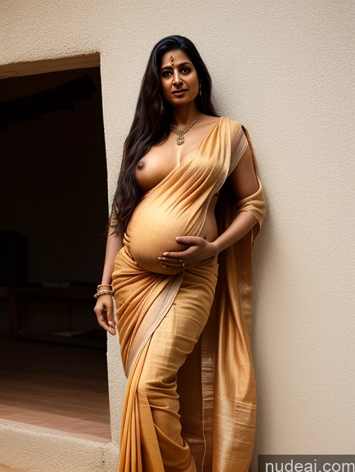 ai nude image of pregnant woman in a sari leaning against a wall pics of Woman One Pregnant 40s Long Hair Indian Nude Sari