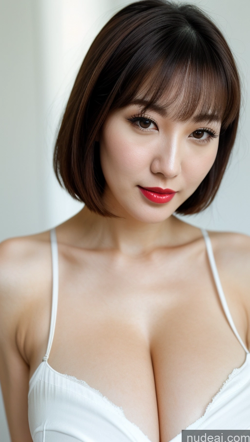 ai nude image of arafed asian woman with a red lip and a white bra pics of Woman One Huge Boobs Beautiful Lipstick Fairer Skin 30s Black Hair Bobcut Korean Close-up View Simple Detailed Sundress