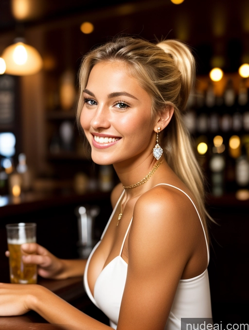 ai nude image of blonde woman in white tank top sitting at bar with a glass of beer pics of One Small Tits Beautiful Skinny Perfect Body Tanned Skin 18 Ponytail Blonde Happy Swedish Bar Front View Dress Jewelry Dark Lighting Detailed Model