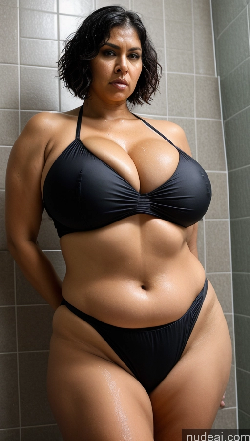 ai nude image of araffe woman in a black bikini posing in a shower pics of Milf Busty Huge Boobs Tattoos Big Ass Thick Big Hips Tall Dark Skin Beautiful 50s Black Hair Pixie Indian Shower Front View T-pose Microkini Detailed Angry Sexy Face Perfect Body