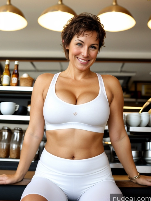 ai nude image of there is a woman in a white bra top sitting on a counter pics of Busty Perfect Boobs Big Ass Big Hips Short Pubic Hair 50s Happy Brunette Pixie White Sexy Face Beer Belly Wife Or Girlfriend Skinny Fat Hairy Women Spandex Sports Bra Yoga Pants Cafe