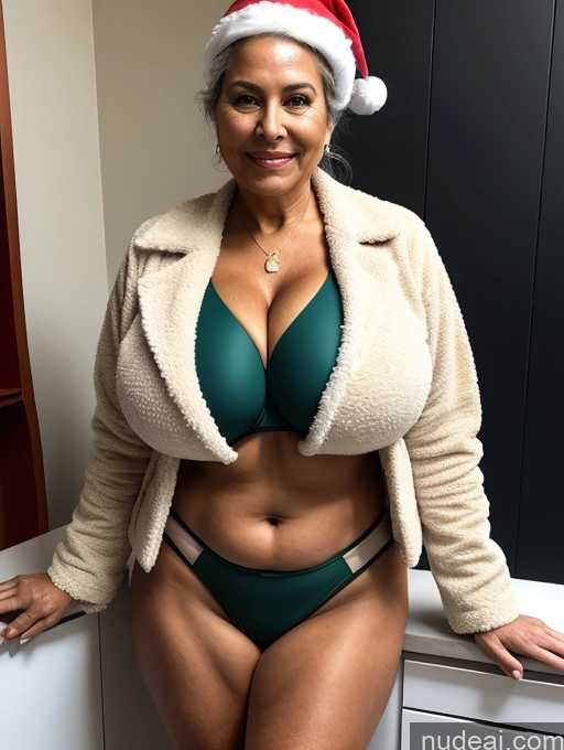 ai nude image of there is a woman in a santa hat posing for a picture pics of Milf One Front View Microkini Thong Busty Huge Boobs Tanned Skin 70s Brazilian Doctor Professor Fur Jacket Santa