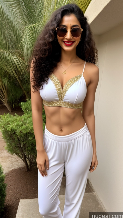 ai nude image of araffe woman in white pants and a white bra top pics of Woman One Small Tits Sunglasses Lipstick Small Ass Abs Tall Pubic Hair Curly Hair Fairer Skin 20s Happy Black Hair Indian Salwar