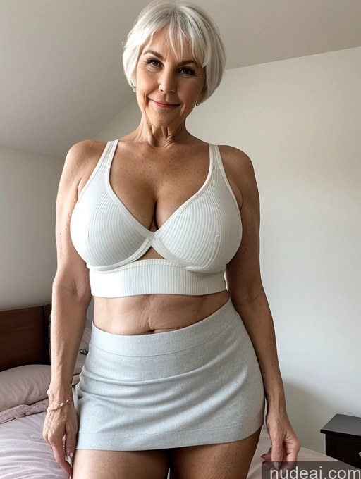 ai nude image of there is a woman in a white bra top and skirt posing for a picture pics of Milf Busty Small Ass Skinny Pubic Hair 70s White Hair Pixie Bedroom Crop Top Micro Skirt Cleavage