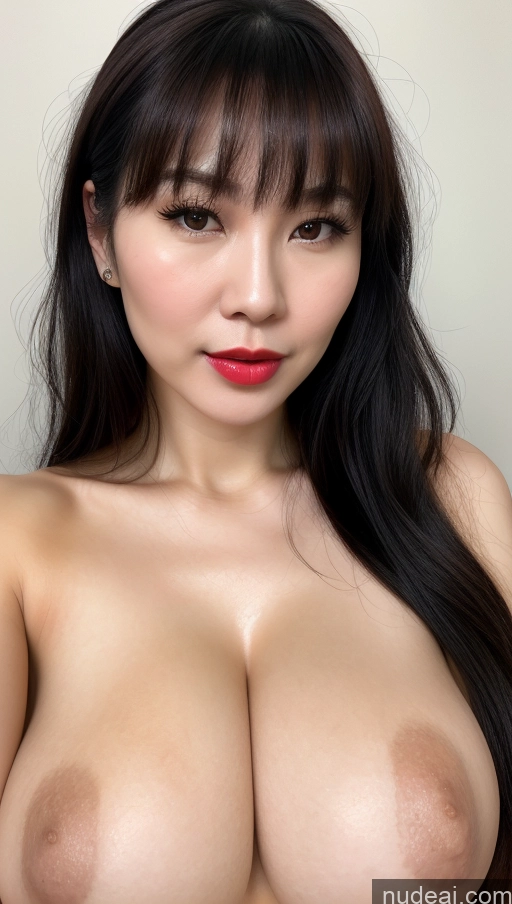 ai nude image of a close up of a woman with a big breast posing for a picture pics of Woman One Huge Boobs Beautiful Lipstick Fairer Skin 30s Black Hair Vietnamese Close-up View Simple Detailed Bangs