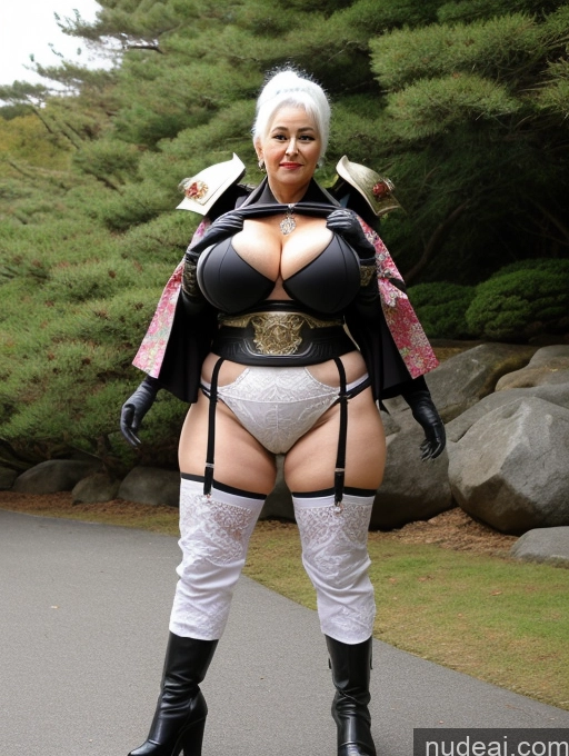 ai nude image of there is a woman in a cosplay outfit posing for a picture pics of Busty Big Hips White Hair Hair Bun Japanese Gloves Kimono Sci-fi Armor Stockings Jewelry Sexy Face Khorne 80s Milf Huge Boobs Big Ass Long Legs Pubic Hair