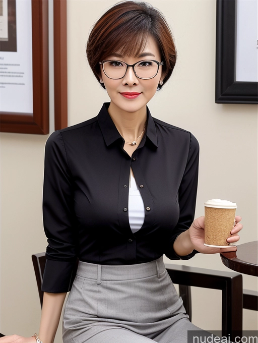 ai nude image of woman sitting at a table holding a cup of coffee pics of Milf Perfect Boobs Perfect Body Beautiful Glasses 50s Short Hair Chinese Cafe Blouse Bra Casual Professor Secretary Shirt Stylish Suit Detailed