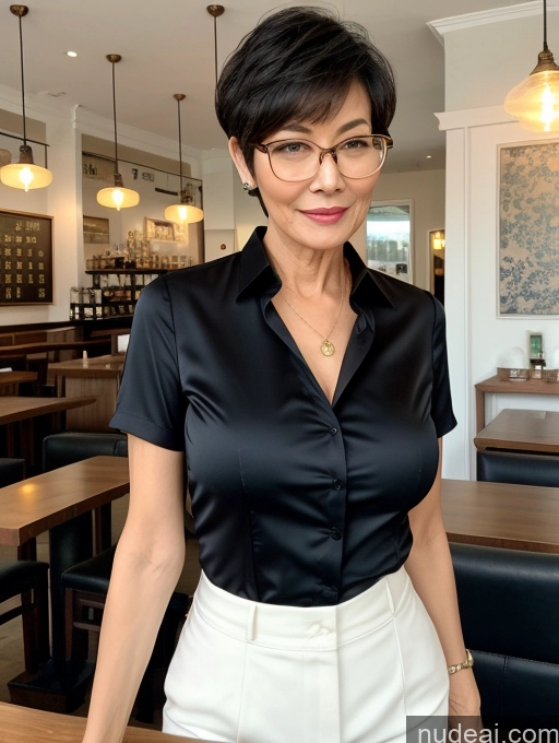 ai nude image of there is a woman standing in a restaurant with a glass of wine pics of Milf Perfect Boobs Perfect Body Beautiful Glasses Short Hair Chinese Cafe Blouse Bra Casual Professor Secretary Shirt Stylish Suit Detailed Cleavage 60s