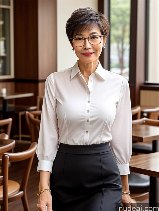 ai nude image of woman in a white shirt and black skirt standing in a restaurant pics of Milf Perfect Boobs Perfect Body Beautiful Glasses Short Hair Chinese Cafe Blouse Bra Casual Professor Secretary Shirt Stylish Suit Detailed Cleavage 60s