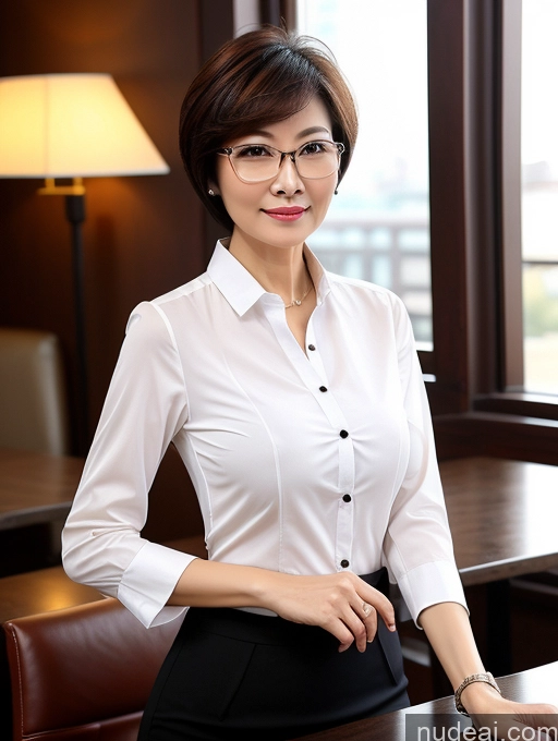 ai nude image of woman in white shirt and black skirt sitting at a desk pics of Milf Perfect Boobs Perfect Body Beautiful Glasses Short Hair Chinese Cafe Blouse Bra Casual Professor Secretary Shirt Stylish Suit Detailed Cleavage 60s