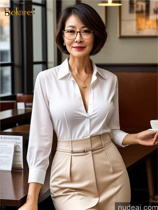 ai nude image of woman in a white shirt and beige skirt holding a cup of coffee pics of Milf Perfect Boobs Perfect Body Beautiful Glasses Short Hair Chinese Cafe Blouse Bra Casual Professor Secretary Shirt Stylish Suit Detailed Cleavage 60s