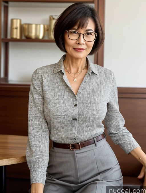 ai nude image of arafed woman in glasses sitting at a table with a wooden table pics of Milf Perfect Boobs Perfect Body Beautiful Glasses Short Hair Chinese Cafe Blouse Bra Casual Professor Secretary Shirt Stylish Suit Detailed Cleavage 60s