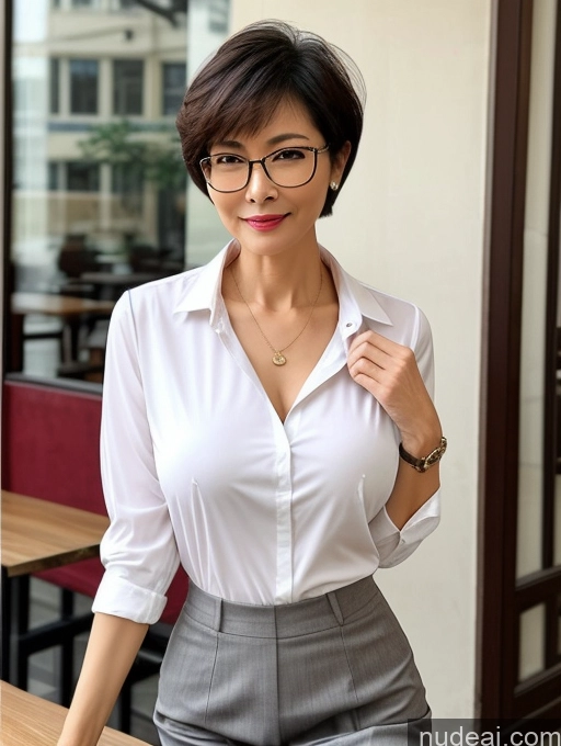 ai nude image of arafed woman in a white shirt and grey skirt posing for a picture pics of Milf Perfect Boobs Perfect Body Beautiful Glasses Short Hair Chinese Cafe Blouse Bra Casual Professor Secretary Shirt Stylish Suit Detailed Cleavage 60s