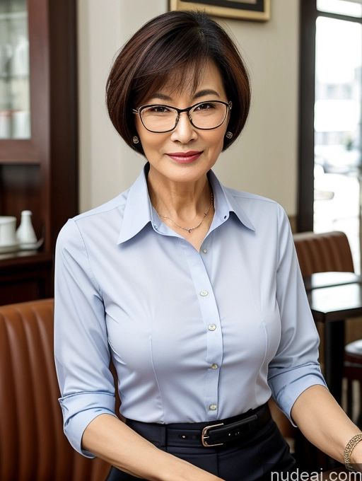 ai nude image of there is a woman sitting at a table with a plate of food pics of Milf Perfect Boobs Perfect Body Glasses Short Hair Chinese Cafe Blouse Bra Casual Professor Secretary Shirt Stylish Suit Detailed Cleavage 70s