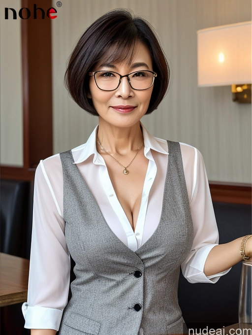 ai nude image of there is a woman in a gray vest and glasses posing for a picture pics of Milf Perfect Boobs Perfect Body Glasses Short Hair Chinese Cafe Blouse Bra Casual Professor Secretary Shirt Stylish Suit Detailed Cleavage 70s