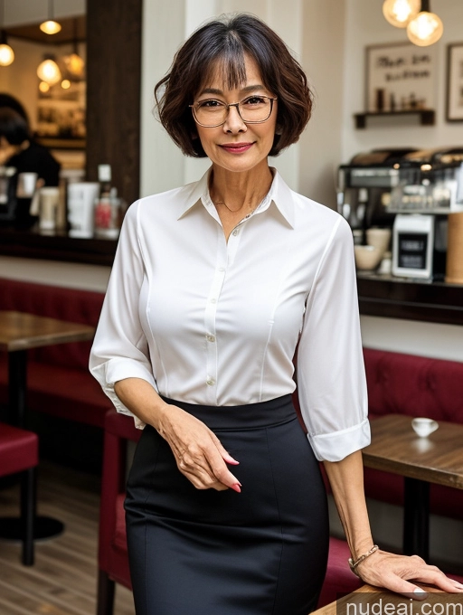 ai nude image of woman in white shirt and black skirt standing in a restaurant pics of Milf Perfect Boobs Perfect Body Glasses Short Hair Chinese Cafe Blouse Bra Casual Professor Secretary Shirt Stylish Suit Detailed Cleavage 70s