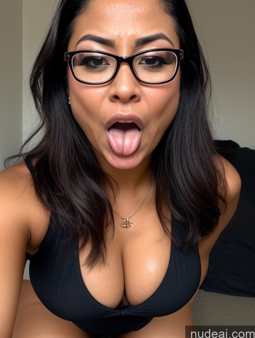 ai nude image of arafed woman with glasses and a black bra top sticking out her tongue pics of Beautiful Glasses Lipstick Big Ass Tanned Skin Oiled Body 50s Orgasm Angry Ahegao Brazilian Blowjob High Heels High Socks Teacher Cleavage Jewelry Dark Lighting Traditional Perfect Boobs Busty