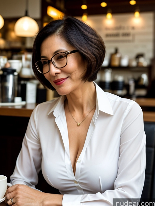 ai nude image of woman in white shirt sitting at a table with a cup of coffee pics of Milf Perfect Boobs Perfect Body Glasses Short Hair Chinese Cafe Blouse Bra Casual Professor Secretary Shirt Stylish Suit Detailed Cleavage 70s Dark Lighting