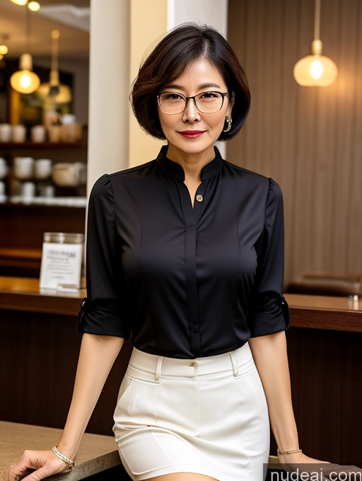 ai nude image of woman in black shirt and white skirt posing for a picture pics of Milf Perfect Boobs Perfect Body Glasses Short Hair Chinese Cafe Blouse Bra Casual Professor Secretary Shirt Stylish Suit Detailed Cleavage 70s Dark Lighting