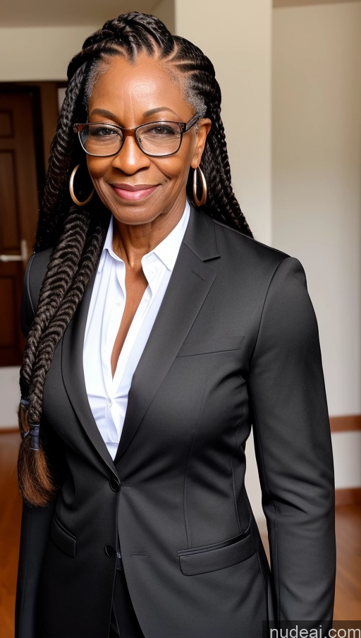 ai nude image of smiling woman in a black suit and glasses standing in a room pics of Muscular Abs Thick Braided Suit Wedding African 70s Glasses