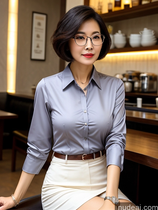 ai nude image of woman sitting on a stool in a restaurant wearing glasses pics of Milf Perfect Boobs Perfect Body Glasses Short Hair Chinese Cafe Blouse Bra Casual Professor Secretary Shirt Stylish Suit Detailed Cleavage 70s Dark Lighting