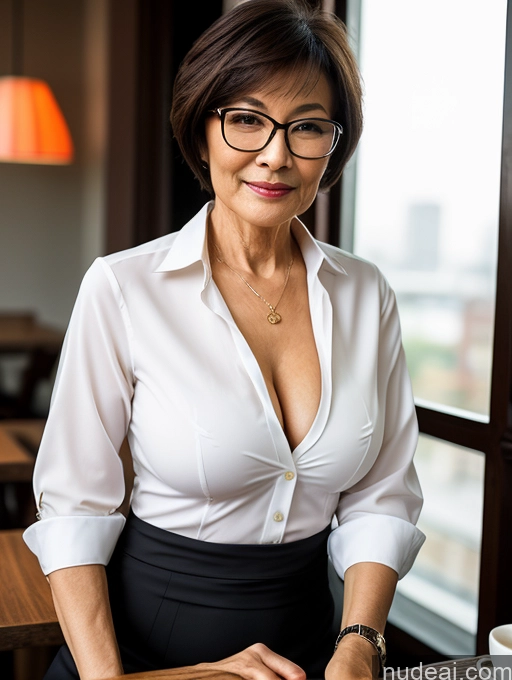 ai nude image of there is a woman sitting at a table with a cup of coffee pics of Milf Perfect Boobs Perfect Body Glasses Short Hair Chinese Cafe Blouse Bra Casual Professor Secretary Shirt Stylish Suit Detailed Cleavage 70s Dark Lighting