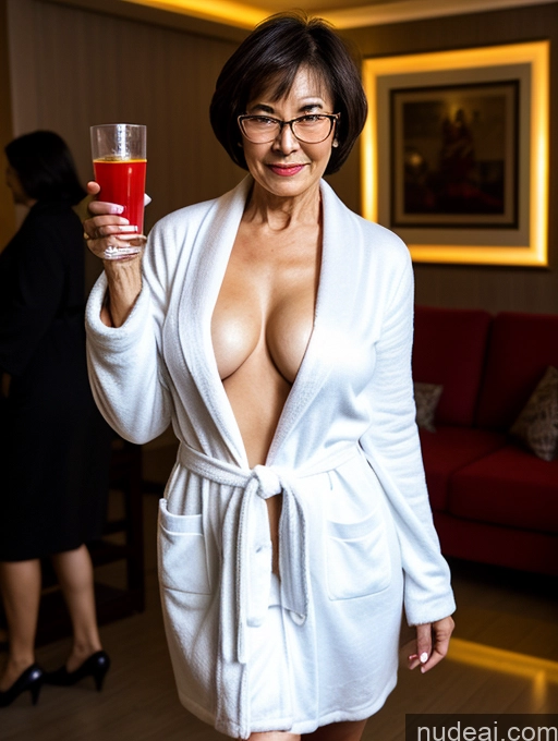 ai nude image of there is a woman in a robe holding a glass of wine pics of Milf Perfect Boobs Perfect Body Glasses Short Hair Chinese Bra Professor Secretary Stylish Detailed Cleavage 70s Dark Lighting Sexy Face Party Bathrobe