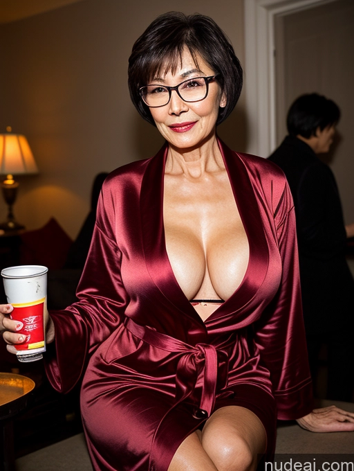 ai nude image of woman in red robe holding a cup of coffee and a drink pics of Milf Perfect Boobs Perfect Body Glasses Short Hair Chinese Bra Professor Secretary Stylish Detailed Cleavage 70s Dark Lighting Sexy Face Party Bathrobe