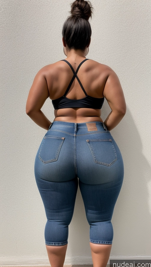 ai nude image of araffe woman in a black bra top and jeans standing against a wall pics of Athlete Big Hips Big Ass Jeans