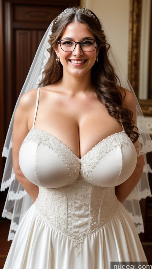 ai nude image of arafed woman in a wedding dress and glasses posing for a picture pics of Huge Boobs Busty Perfect Boobs Perfect Body Big Hips Beautiful Curly Hair Big Ass Long Legs Wedding Victorian British Happy Glasses