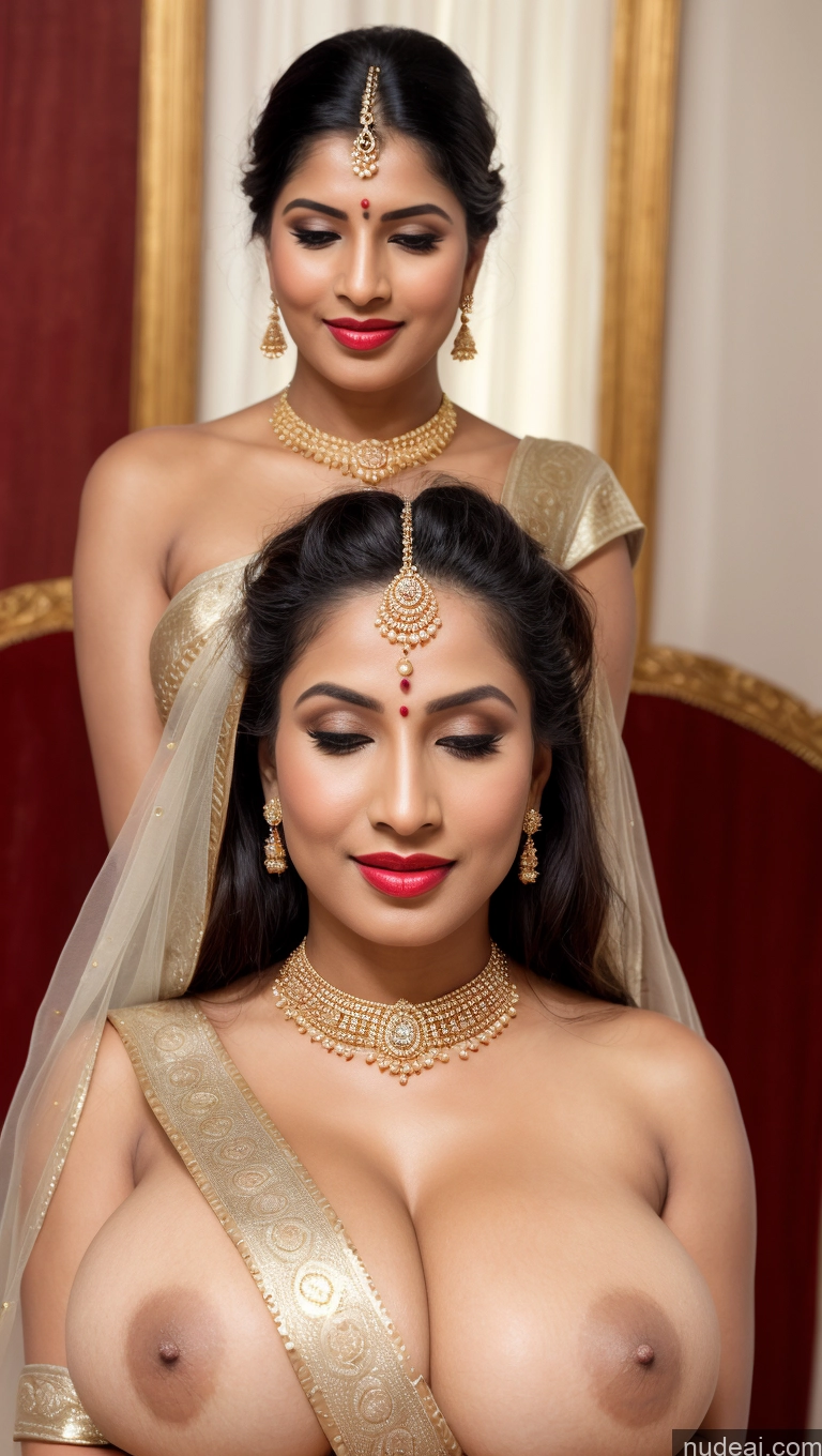 ai nude image of araffes in a sari and a bride in a gold dress pics of Woman Busty Huge Boobs Beautiful Lipstick Perfect Body Fairer Skin Big Ass 50s Orgasm Black Hair Straight Indian Skin Detail (beta) Front View Nude Sari Traditional Wedding Jewelry Gold Jewelry Bright Lighting Detailed