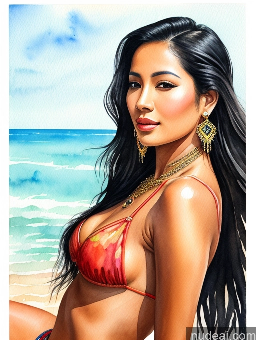 ai nude image of painting of a woman in a bikini sitting on the beach pics of 20s Black Hair Long Hair Thai Front View Tanned Skin Jewelry Woman Bikini Watercolor