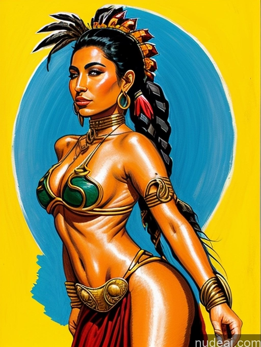 ai nude image of a painting of a woman in a bikini and headdress pics of 20s Black Hair Long Hair Front View Tanned Skin Jewelry Woman Native American Illustration Slavekini, Aka Slave Leia Outfit